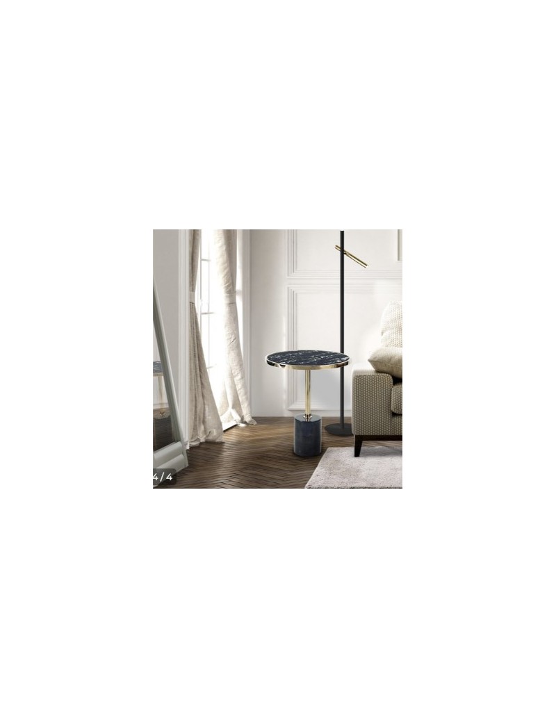 Tavolino Dekala Ø 46 cm in acciaio dorato con base in marmo nero e piano in vetro | Schuller -SCHULLER