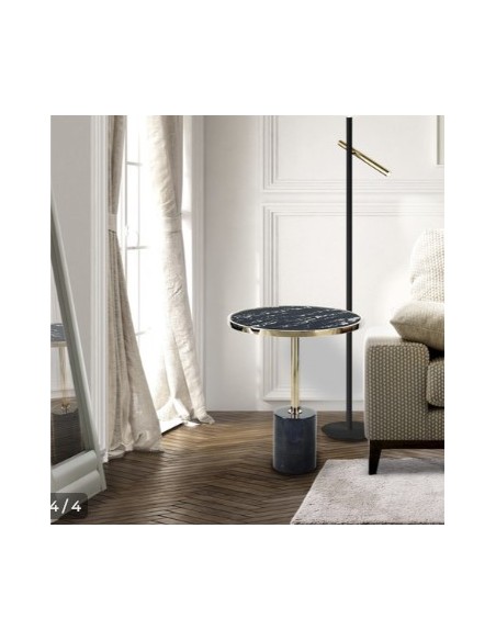 Tavolino Dekala Ø 46 cm in acciaio dorato con base in marmo nero e piano in vetro | Schuller -SCHULLER
