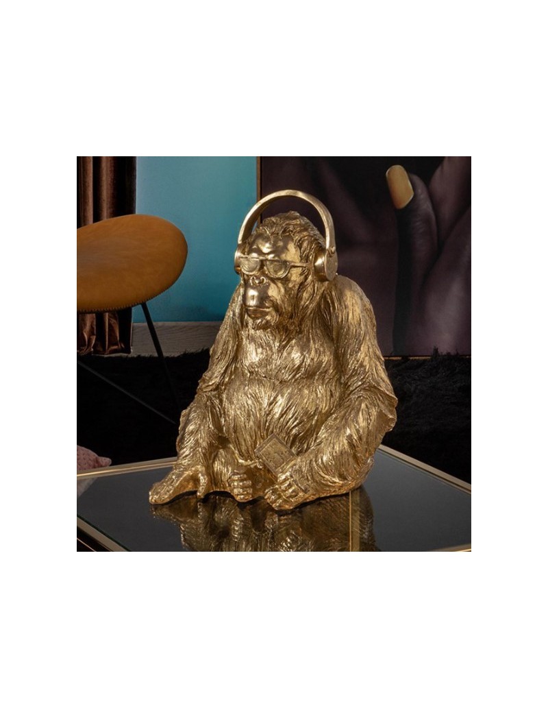Statua Orango con cuffie e occhiali in poliresina foglia oro, H 36 cm | Schuller -SCHULLER