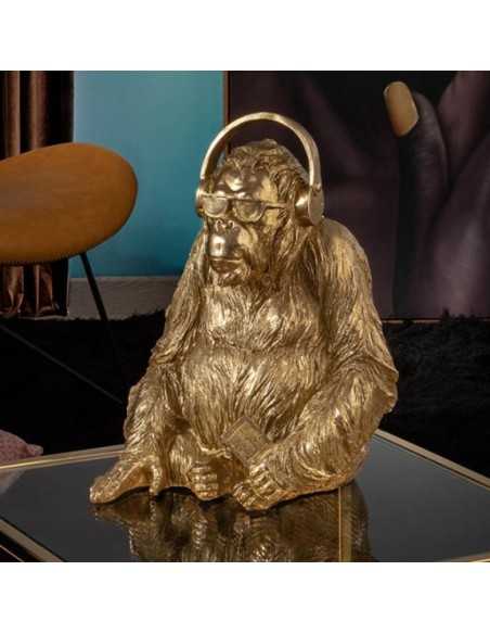 Statua Orango con cuffie e occhiali in poliresina foglia oro, H 36 cm | Schuller -SCHULLER