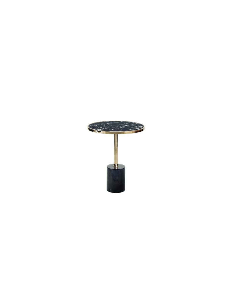 Tavolino Dekala Ø 46 cm in acciaio dorato con base in marmo nero e piano in vetro | Schuller -SCHULLER