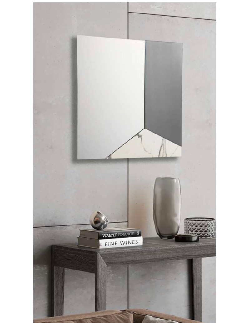 Specchio quadrato 80x80 cm con inserti triangolari in vetro fumé e marmo bianco | Abitarte -ABITARTE