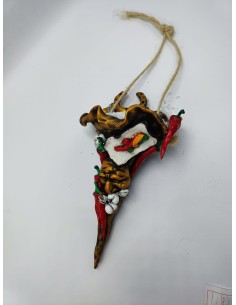 Cornucopia portafortuna con simboli napoletani in ceramica rossa e oro, H 31 cm | Maruzzella Ceramiche -MARUZZELLA CERAMICHE