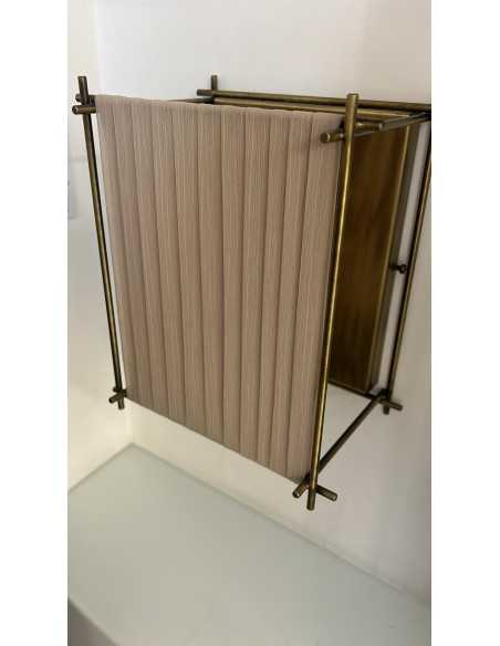 Applique effetto gabbia in ottone brunito con paralume in tessuto tortora, E27 | Porreca -PORRECA