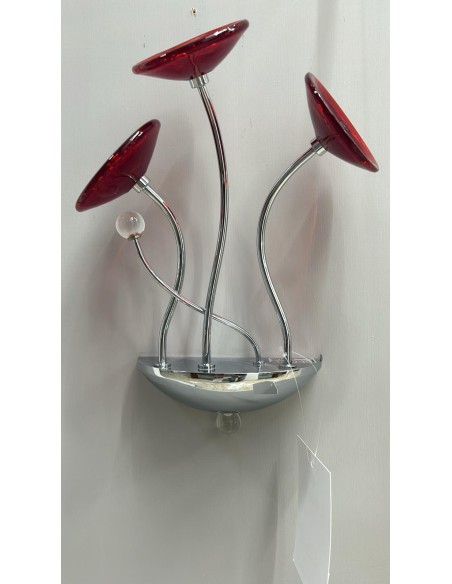 Applique 3 luci G4 in ottone cromato con dischetti vetro bordeaux, da esposizione | Porreca -PORRECA