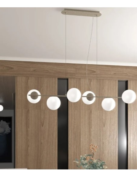 Lampada a sospensione Boomerang 6 luci, sfere in vetro bianco satinato, versione LUNGO | Top Light -TOP LIGHT