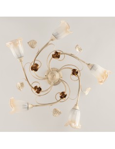 Plafoniera Cestino a 5 luci in ferro battuto avorio e oro, L 70 cm, E14 | Bonetti Illumina -BONETTI ILLUMINA