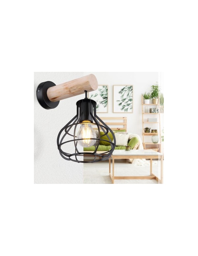 Applique Clastra in aste di metallo nero e legno naturale, lampadina a vista, E27 | Globo -GLOBO LIGHTING