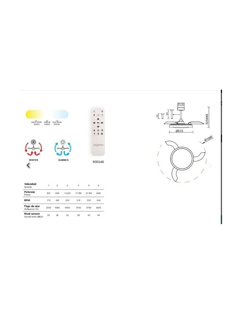 Plafoniera con ventilatore Mistral LED 50 W CCT e pale a scomparsa, Ø 106 cm | Mantra -MANTRA