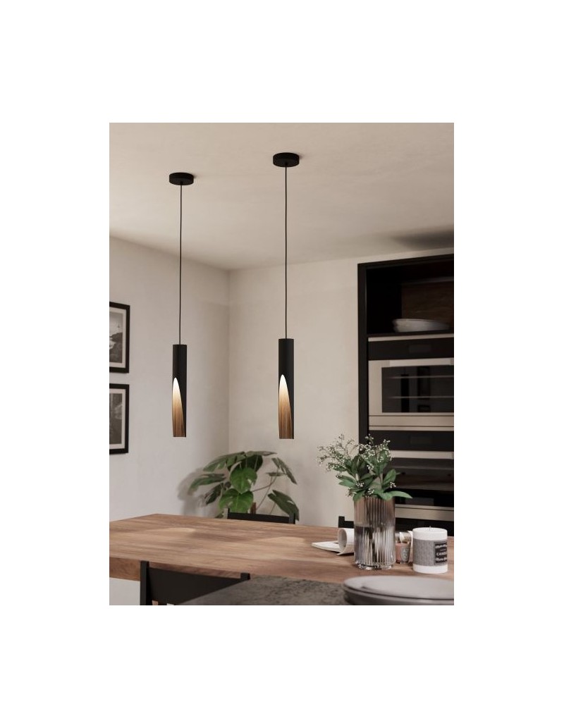 Lampada a sospensione cilindrica Barbotto Ø 6 in acciaio nero e legno, GU10 | Eglo -EGLO