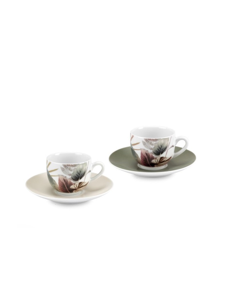 Set 6 tazzine da caffè con piattino Malika in porcellana decoro foglie 90 ml | Fade -FADE