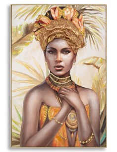Quadro Deva donna africana su tela, inserti in tessuto oro e cornice oro, 122x82 cm | Mauro Ferretti -MAURO FERRETTI