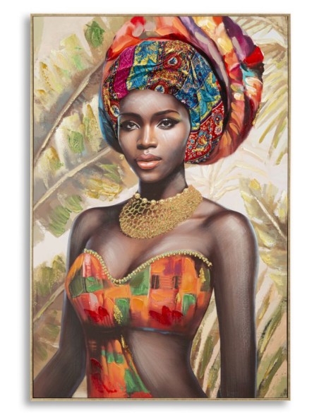 Quadro Deva donna africana su tela, inserti in tessuto multicolor e cornice oro, 122x82 cm | Mauro Ferretti -MAURO FERRETTI