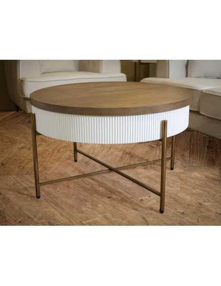 Tavolino contenitore Tolosa 80x48 cm bianco, piano frassino e gambe oro | Mauro Ferretti -MAURO FERRETTI