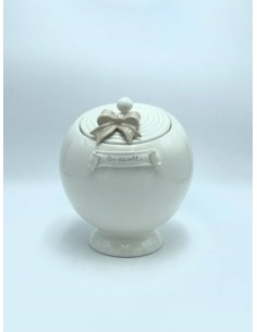 Fiocco biscottiera a sfera in ceramica bianco avorio con fiocco tortora, H 21 cm | Ad Rem -AD REM