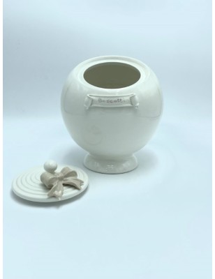 Fiocco biscottiera a sfera in ceramica bianco avorio con fiocco tortora, H 21 cm | Ad Rem -AD REM 2