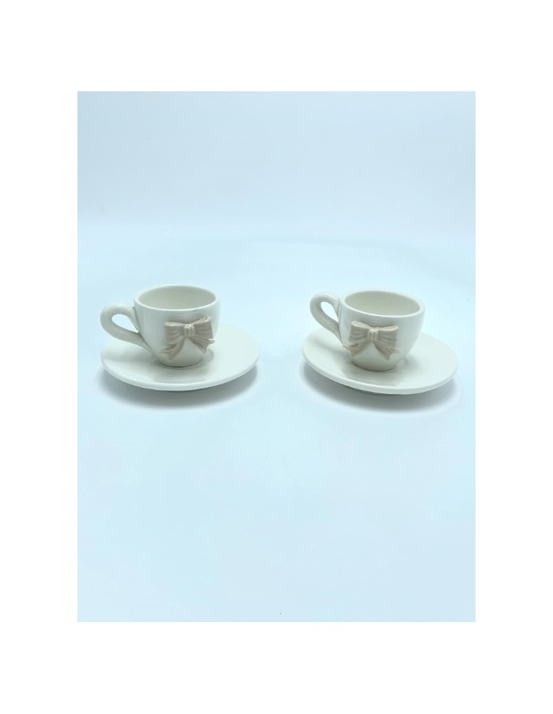 Set 2 tazzine da caffè con piattino Fiocco in ceramica avorio e tortora shabby chic | Ad Rem -AD REM