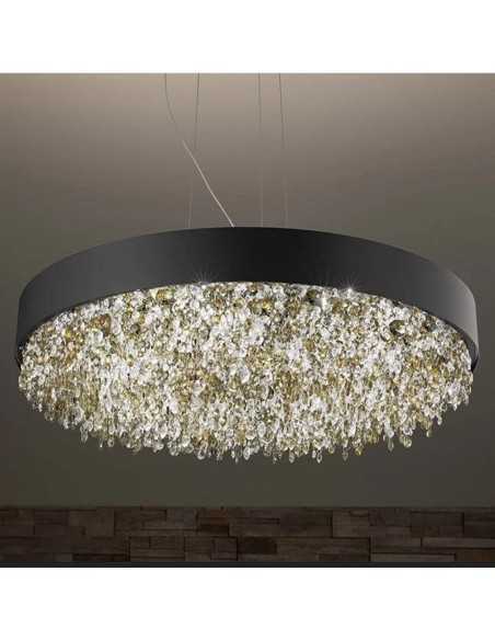 Lampada a sospensione Ola' in metallo nero con cristalli fumé, 6 luci E27 | Masiero -MASIERO