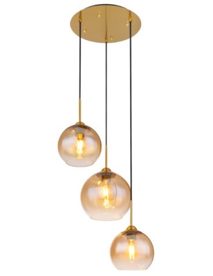 Lampada a sospensione Jamessa a 3 sfere in vetro ambra e metallo ottone satinato, E27 | Globo Lighting -GLOBO LIGHTING