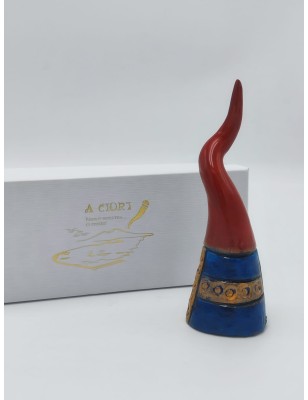 Corno rosso con sfumature smaltate blu e arancio in ceramica, con scatola | A Ciort -A CIORT
