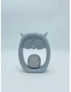 Statua Gufo e Gufetto portafortuna in ceramica lucida grigio bicolore | Petite Fantasie -PETITE FANTASIE