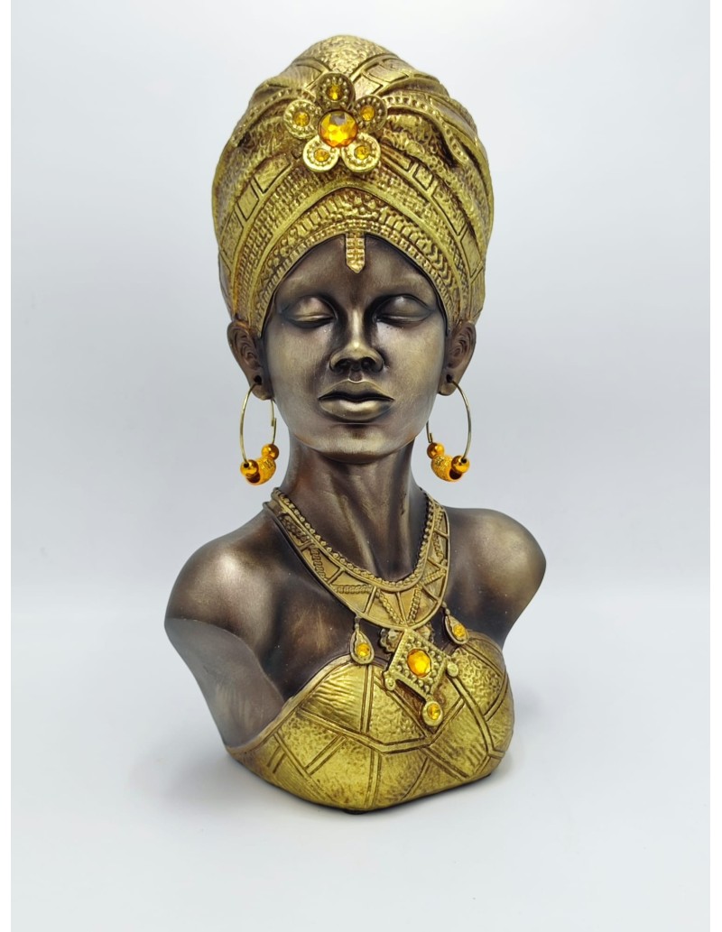 Scultura etnica Mumbasa, regina Masai con turbante oro in resina, H 39,5 cm | Mauro Ferretti -MAURO FERRETTI