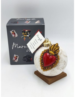 Pallina di Natale media bianca con cuore di Gesù rosso e oro | Maruzzella -MARUZZELLA CERAMICHE