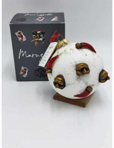 Pallina di Natale bianca con maschere e corni in ceramica 12 cm | Maruzzella Ceramiche -MARUZZELLA CERAMICHE