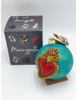 Pallina di Natale grande verde ottanio con cuore di Gesù rosso e oro | Maruzzella -MARUZZELLA CERAMICHE