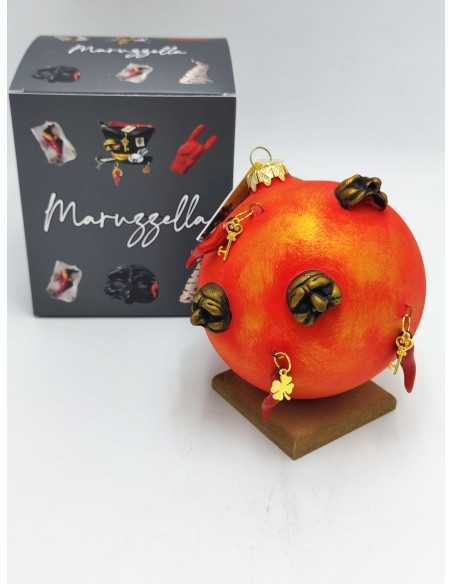 Pallina di Natale grande rossa con maschere e corni portafortuna | Maruzzella -MARUZZELLA CERAMICHE