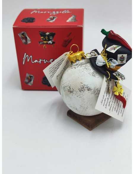 Pallina di Natale bianca con cappello portafortuna in ceramica 12 cm | Maruzzella Ceramiche -MARUZZELLA CERAMICHE