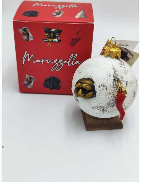 Pallina di Natale bianca con maschere e corni in ceramica 10 cm, variante 04 | Maruzzella Ceramiche -MARUZZELLA CERAMICHE