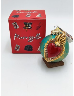 Pallina di Natale piccola verde ottanio con cuore di Gesù | Maruzzella -MARUZZELLA CERAMICHE