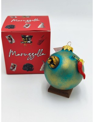 Pallina di Natale piccola verde ottanio con maschere e corni portafortuna | Maruzzella -MARUZZELLA CERAMICHE