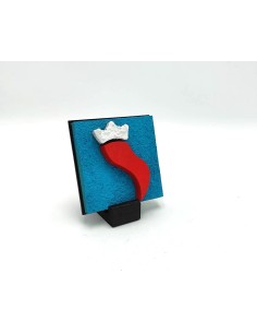 Quadro corno portafortuna artigianale 9x9 cm in legno e pietra rosso su fondo blu | Alleria -ALLERIA