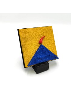 Quadro Vesuvio artigianale 9x9 cm in legno e pietra giallo e blu, parete o appoggio | Alleria -ALLERIA