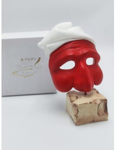 Maschera di Pulcinella rosso su base beige con cappello in tessuto, con scatola | A Ciort -A CIORT 2