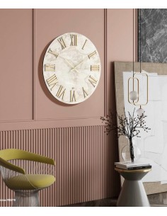Orologio da parete Crillux Ø 40 cm in legno e parato beige chiaro effetto marmo, dettagli oro | Abitarte -ABITARTE 2
