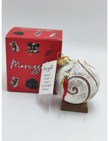 Pallina di Natale bianca con corno portafortuna in ceramica 10 cm | Maruzzella Ceramiche -MARUZZELLA CERAMICHE