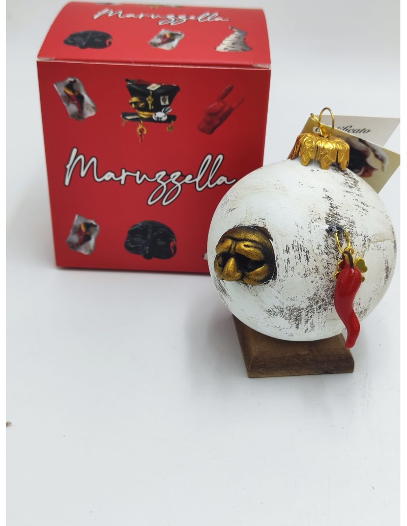 Pallina di Natale bianca con maschere e corni in ceramica 10 cm, variante 04 | Maruzzella Ceramiche -MARUZZELLA CERAMICHE