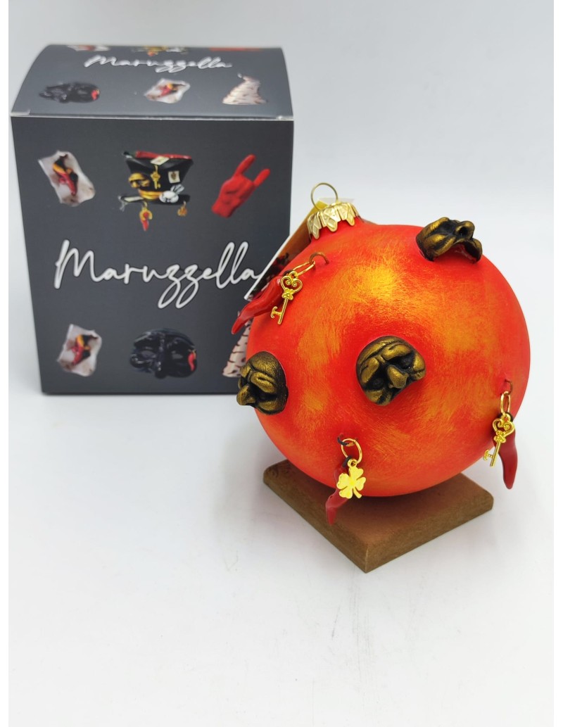Pallina di Natale grande rossa con maschere e corni portafortuna | Maruzzella -MARUZZELLA CERAMICHE
