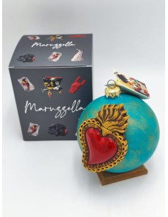 Pallina di Natale grande verde ottanio con cuore di Gesù rosso e oro | Maruzzella -MARUZZELLA CERAMICHE 2