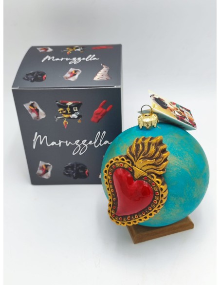 Pallina di Natale grande verde ottanio con cuore di Gesù rosso e oro | Maruzzella -MARUZZELLA CERAMICHE