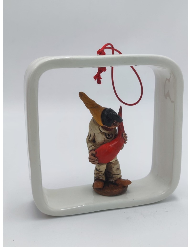 Quadro in ceramica con cornice bianca, Pulcinella e corno rosso, da parete o appoggio, 13,5 cm | A Ciort -A CIORT