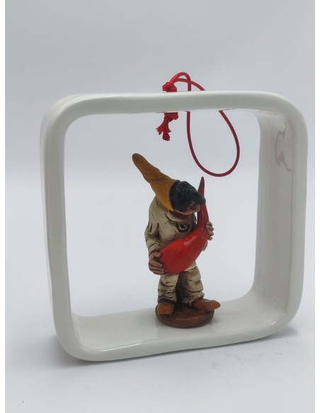 Quadro in ceramica con cornice bianca, Pulcinella e corno rosso, da parete o appoggio, 13,5 cm | A Ciort -A CIORT