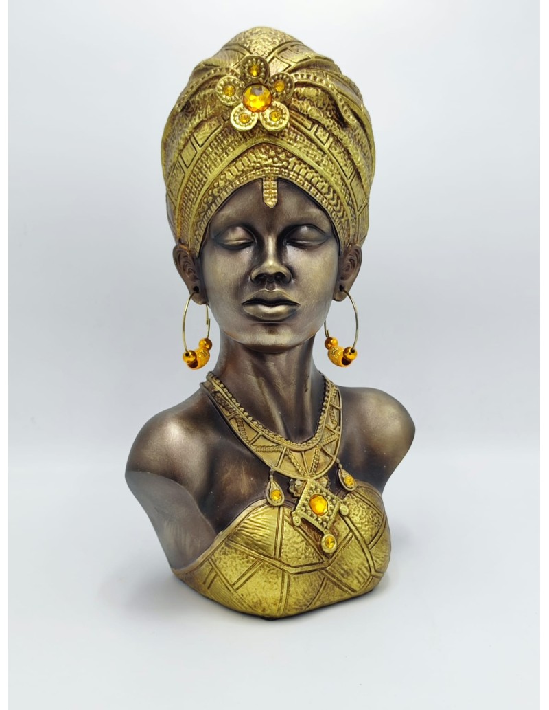 Scultura etnica Mumbasa, regina Masai con turbante oro in resina, H 39,5 cm | Mauro Ferretti -MAURO FERRETTI