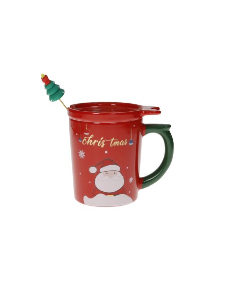 Tazza natalizia rossa con coperchio e cucchiaino albero di Natale in new bone china | Brandani -BRANDANI