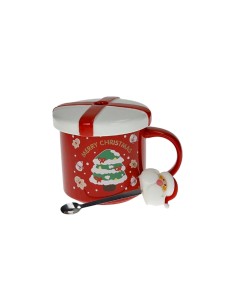 Tazza natalizia rossa con coperchio e cucchiaino Babbo Natale | Brandani -BRANDANI