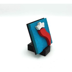 Quadro corno portafortuna artigianale 9x9 cm in legno e pietra rosso su fondo blu | Alleria -ALLERIA 2