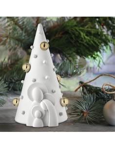 Albero di Natale con Sacra Famiglia in marmorino bianco e oro, H 15 cm | Bongelli Preziosi -BONGELLI PREZIOSI